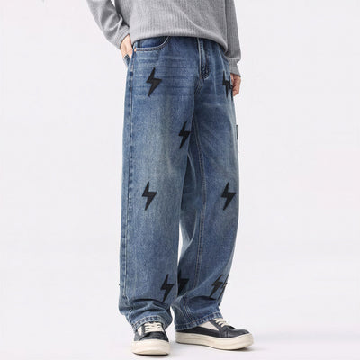 Men's Spring Washed Blue Black Lightning Wide Leg Jeans
