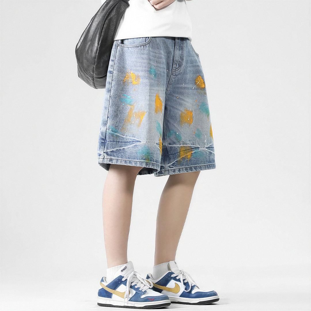 Men's Summer Colorful Splash Ink Washed Baggy Denim Shorts