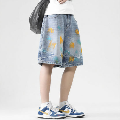 Men's Summer Colorful Splash Ink Washed Baggy Denim Shorts