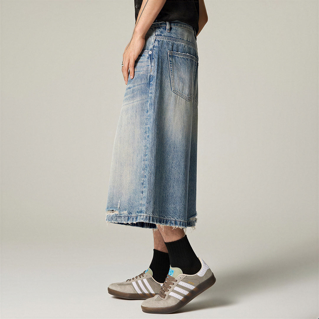Men's Summer Vintage Washed Distressed Wide-Leg Denim Shorts
