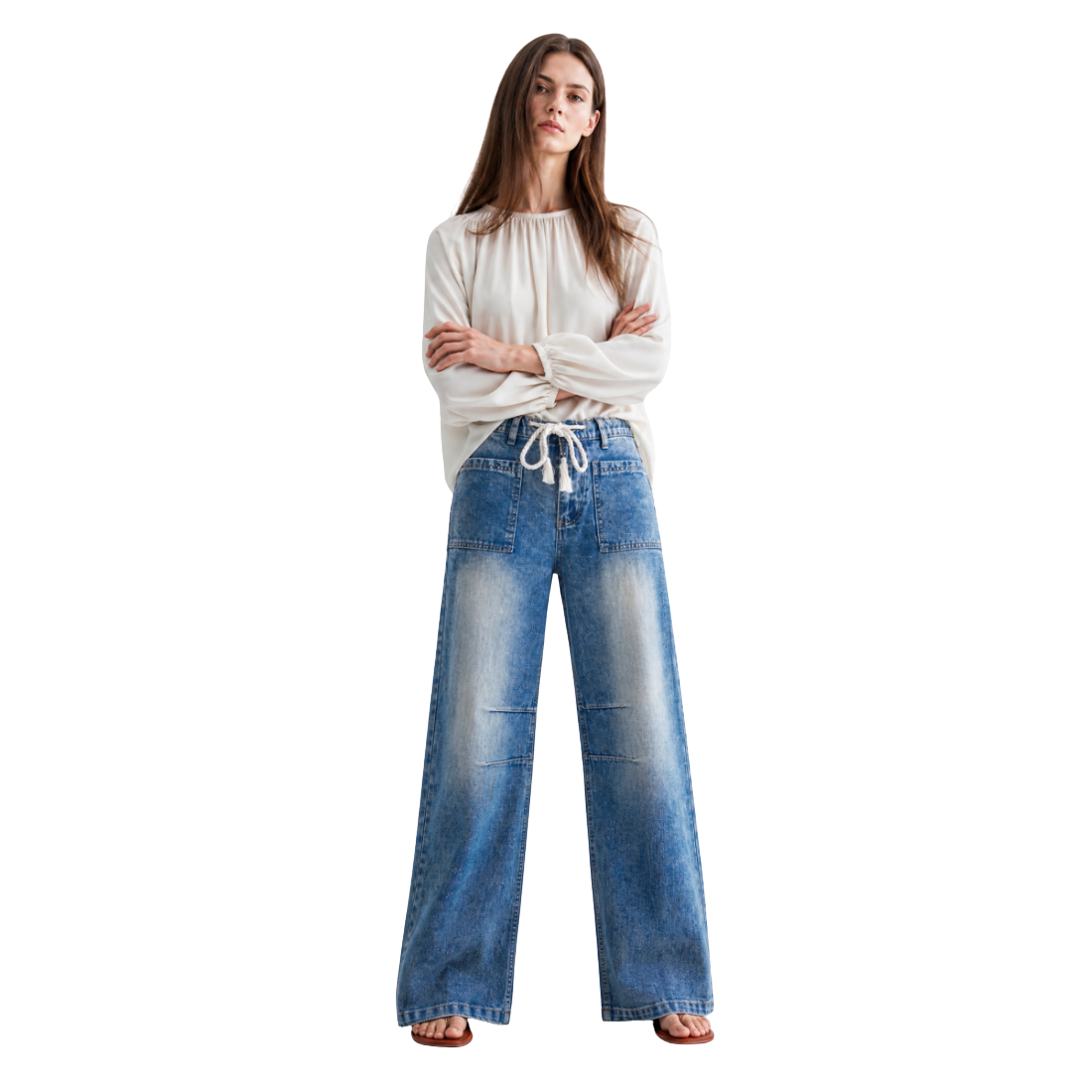 Women's High Waist Drawstring Wide Leg Jeans