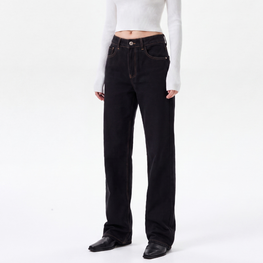 Women's High Waist Black Wash Straight Leg Jeans