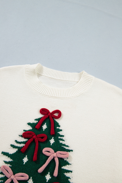 Women's Fall Christmas Bow Splice Crew Neck Knit Sweater
