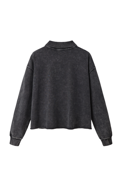 Women Fall Snow Wash Polo Collar Cropped Sweatshirt