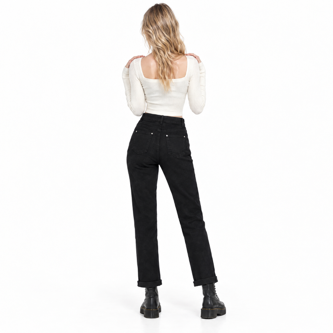 Women's Black Button Fly High Waist Straight Leg Jeans