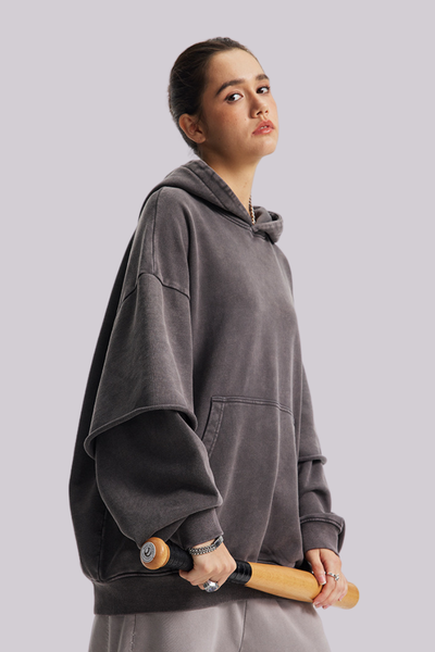 Women's Cotton Retro Faux-Two-Piece Washed  Hoodie