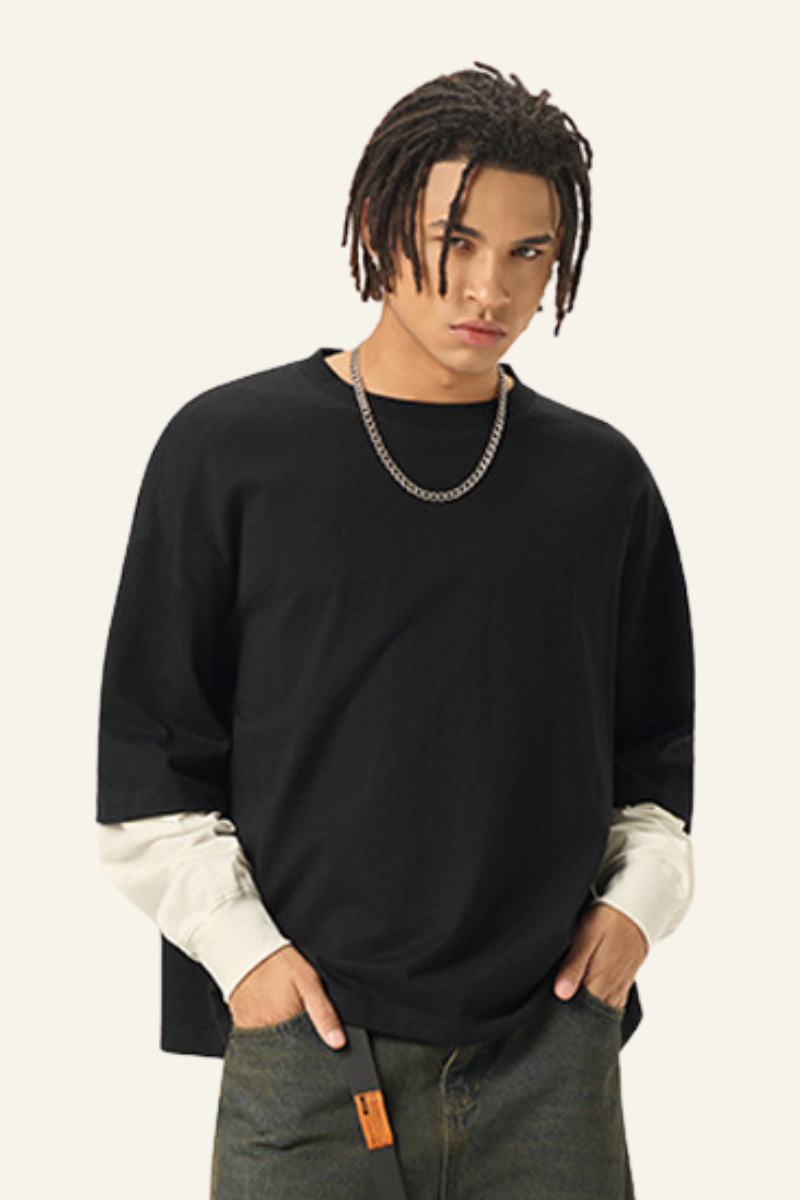 Men's  Cotton  Faux-Two-Piece Long Sleeve T-shirt