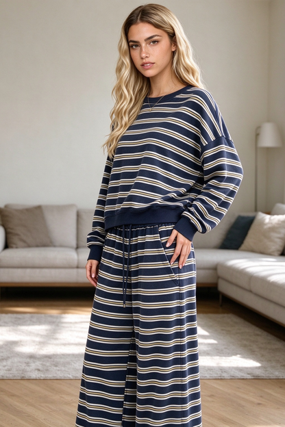 Women's Fall Cutout Striped Loose 2 Piece Set