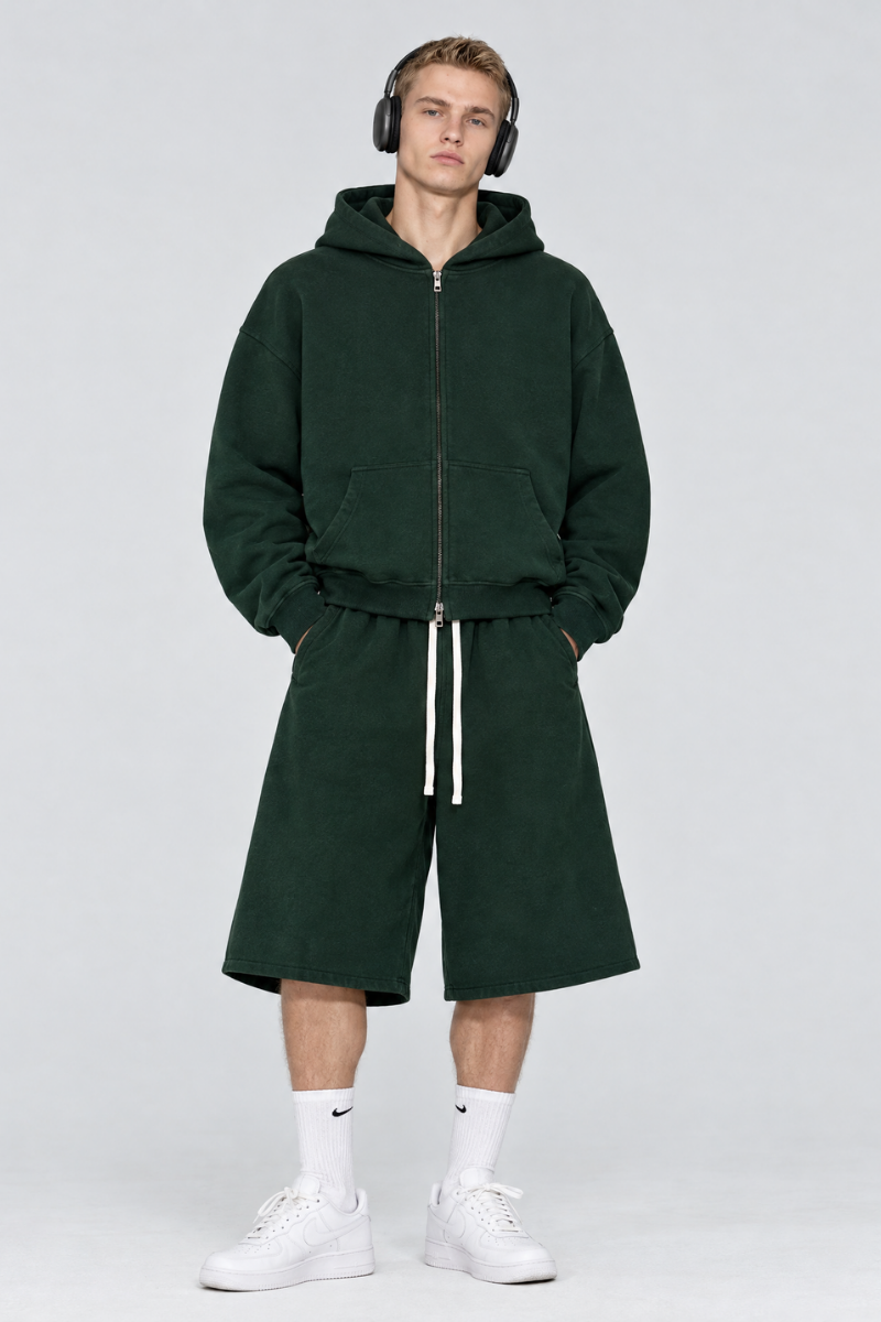 Men Fall Clothing Zip Hoodie Mid Shorts Streetwear Set