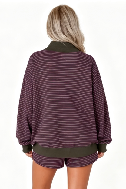 Women Fall Striped Mock Neck Sweatshirt Shorts 2 Piece Set