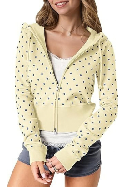 Women Fall Clothing Polka Dot Cropped Zip Hoodie Jacket