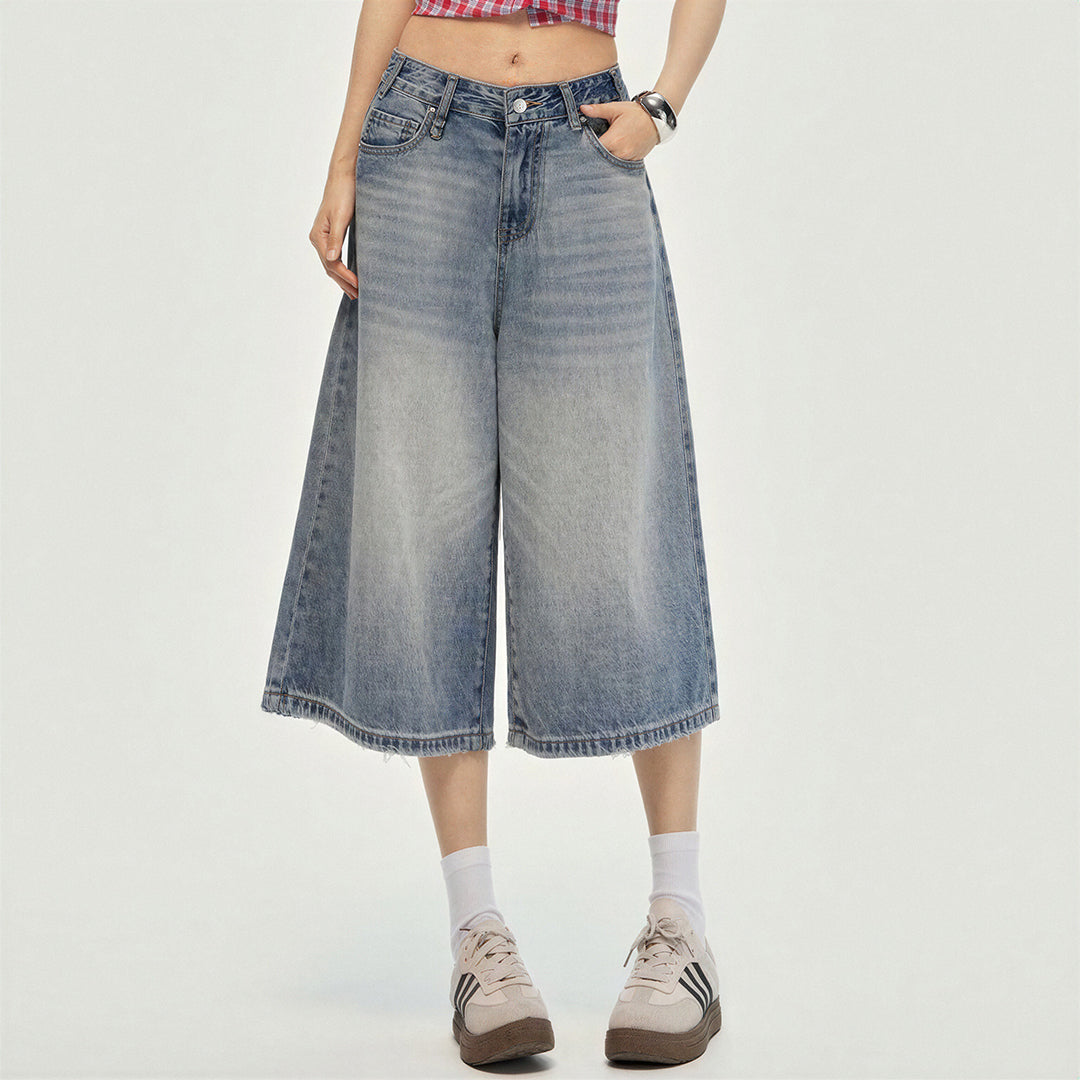 Women's Summer Gradient Washed Wide-Leg Denim Capri Pant