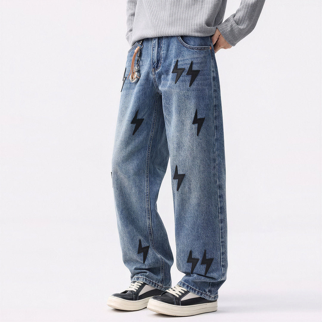 Men's Spring Washed Blue Black Lightning Wide Leg Jeans