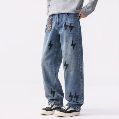 Men's Spring Washed Blue Black Lightning Wide Leg Jeans