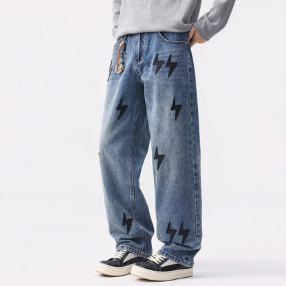 Men's Spring Washed Blue Black Lightning Wide Leg Jeans
