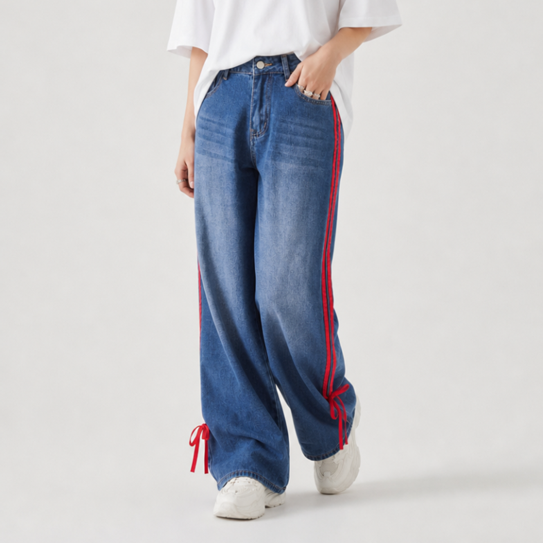 Women's High Waist Wide Leg Jeans with Red Side Stripe