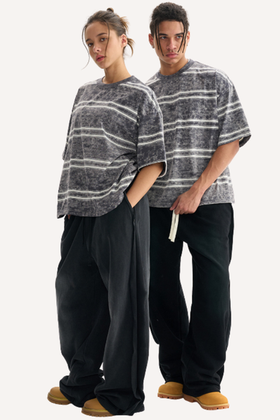 Unisex Washed Stripe Ribbed Crewneck Boxy Tee