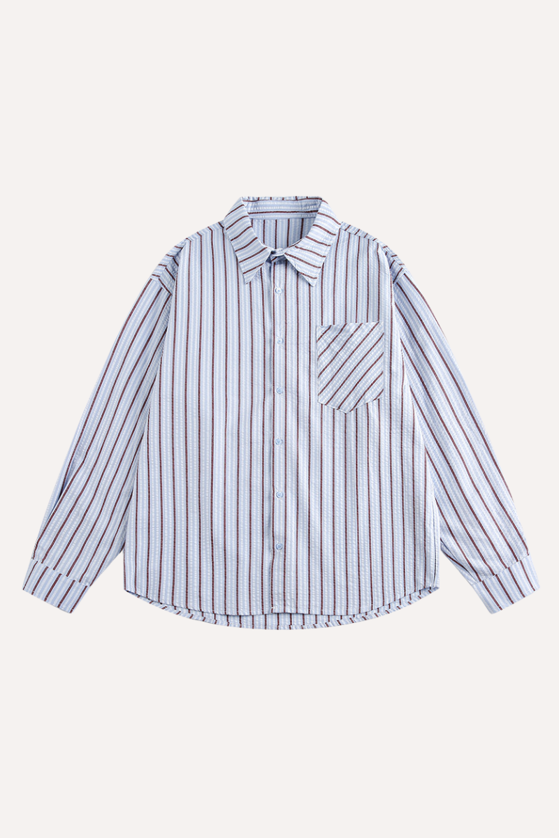 Unisex Spring Cotton Stripe Set-in Long Sleeve Retro Shirt