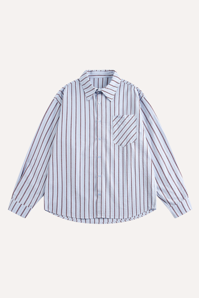 Unisex Spring Cotton Stripe Set-in Long Sleeve Retro Shirt