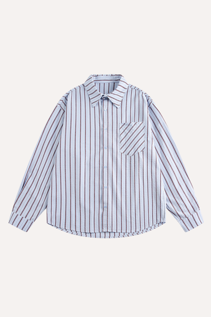 Unisex Spring Cotton Stripe Set-in Long Sleeve Retro Shirt