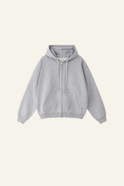 Pure color terry cloth hooded zip-up sweatshirt.