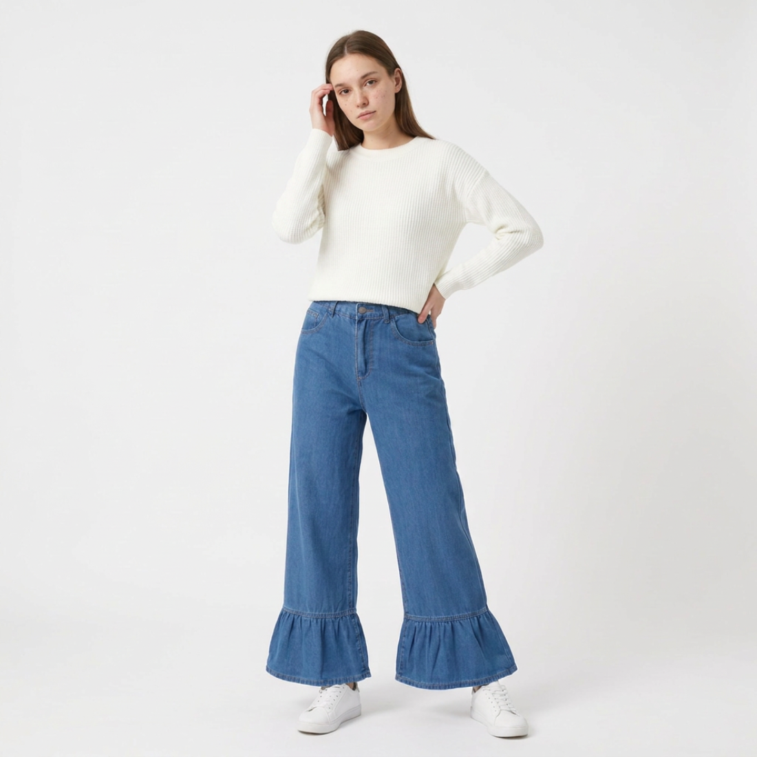 Women's High Waist Ruffle Hem Wide Leg Jeans