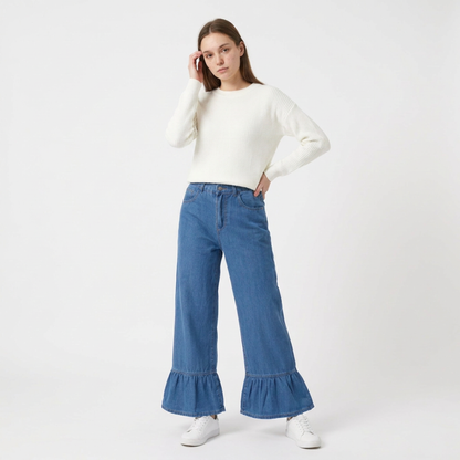 Women's High Waist Ruffle Hem Wide Leg Jeans
