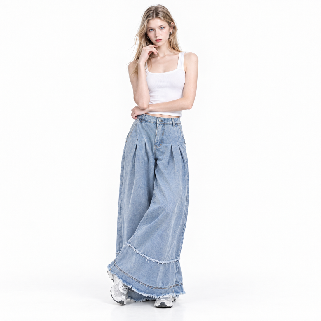 Women's High Waist Pleated Wide Leg Jeans