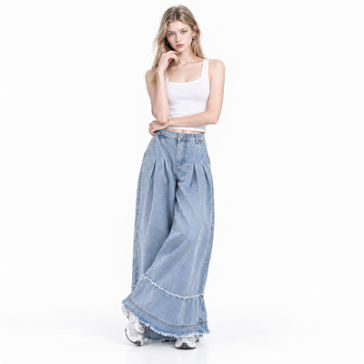Women's High Waist Pleated Wide Leg Jeans