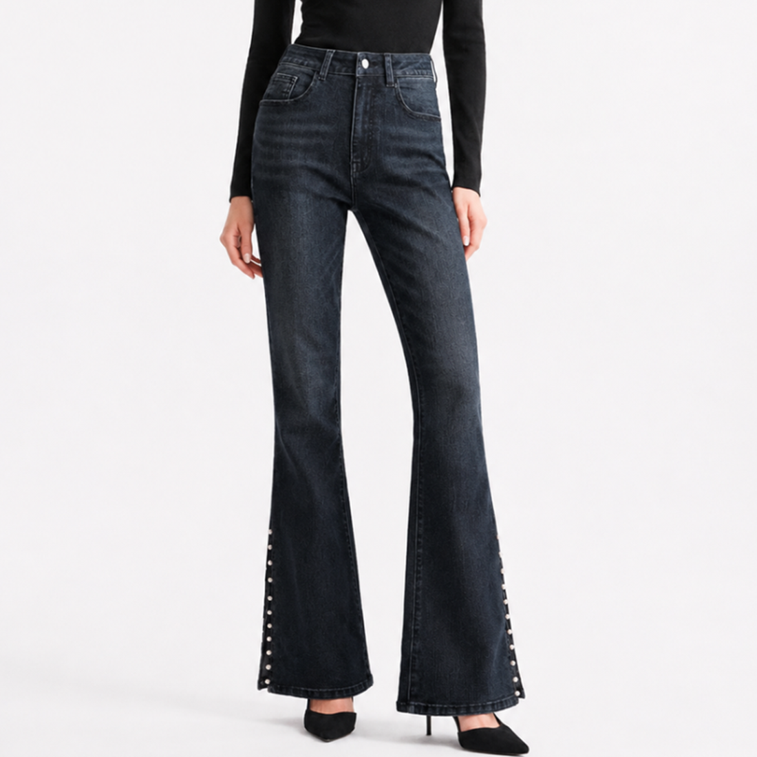Women's High Waist Flare Jeans with Side Pearl Details