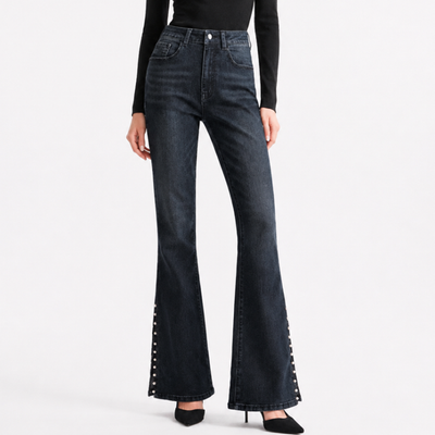 Women's High Waist Flare Jeans with Side Pearl Details