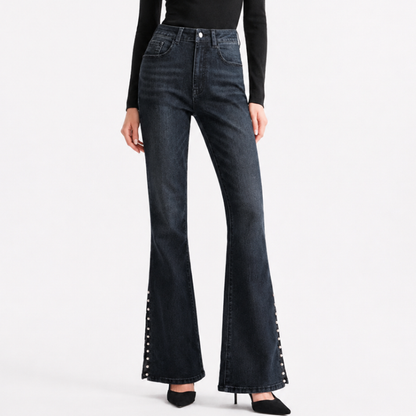 Women's High Waist Flare Jeans with Side Pearl Details