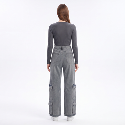Women's Vintage High Waist Distressed Wide Leg Cargo Jeans
