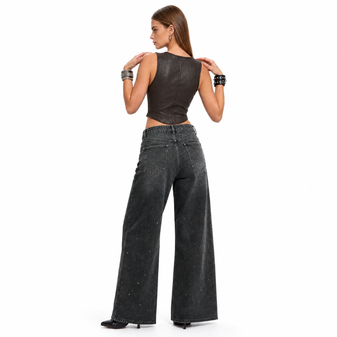 Women's Vintage Washed High Waist Rhinestone Wide Leg Jeans