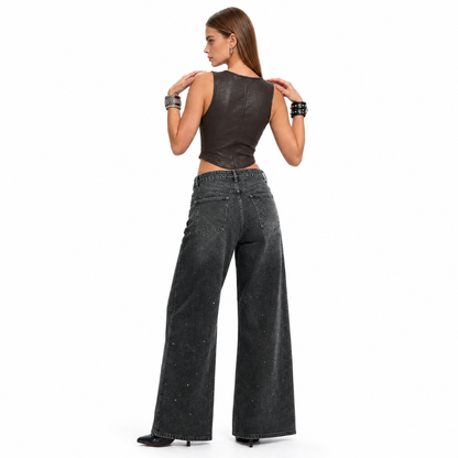 Women's Vintage Washed High Waist Rhinestone Wide Leg Jeans