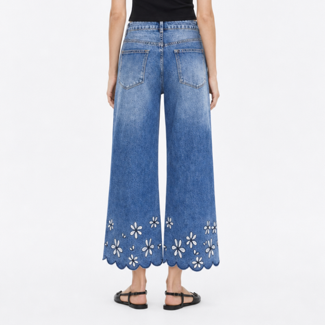 Women's High Waist Floral Embroidered Wide Leg Jeans