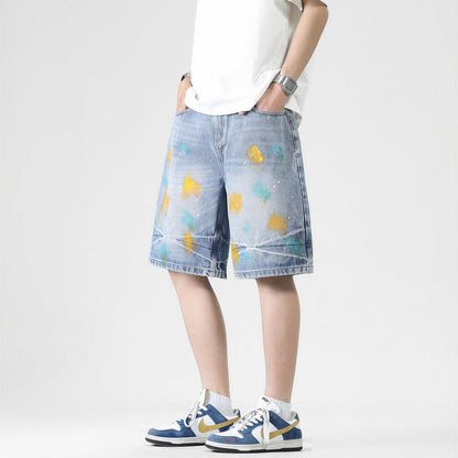Men's Summer Colorful Splash Ink Washed Baggy Denim Shorts