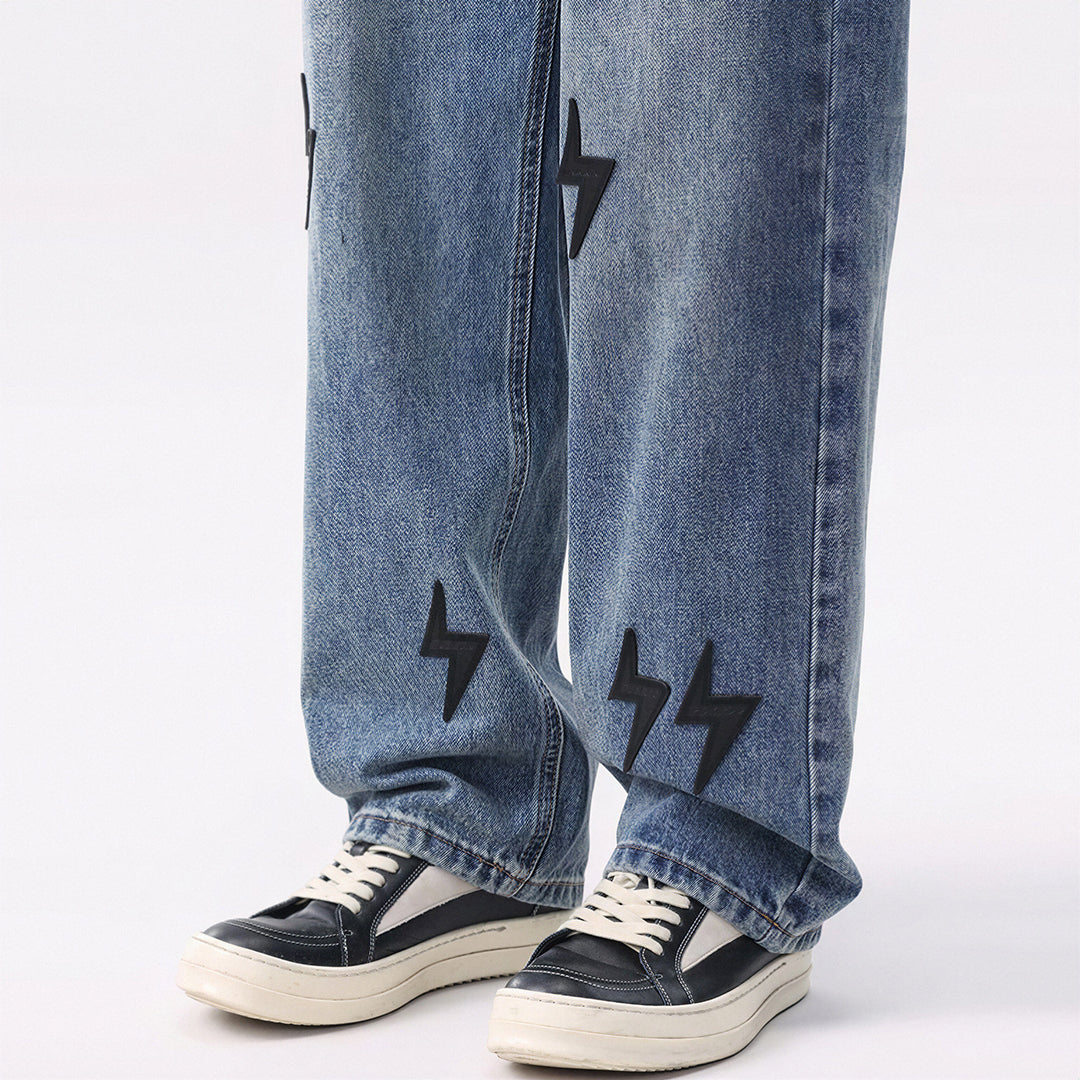Men's Spring Washed Blue Black Lightning Wide Leg Jeans
