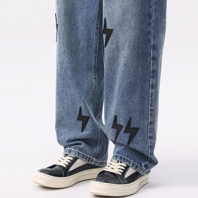 Men's Spring Washed Blue Black Lightning Wide Leg Jeans