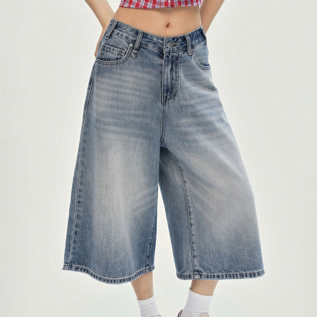Women's Summer Gradient Washed Wide-Leg Denim Capri Pant