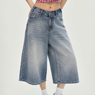 Women's Summer Gradient Washed Wide-Leg Denim Capri Pant