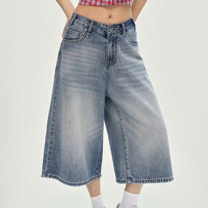 Women's Summer Gradient Washed Wide-Leg Denim Capri Pant