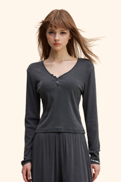 Women's 275g Sexy V-Neck Button Long Sleeve Slim Knit Top
