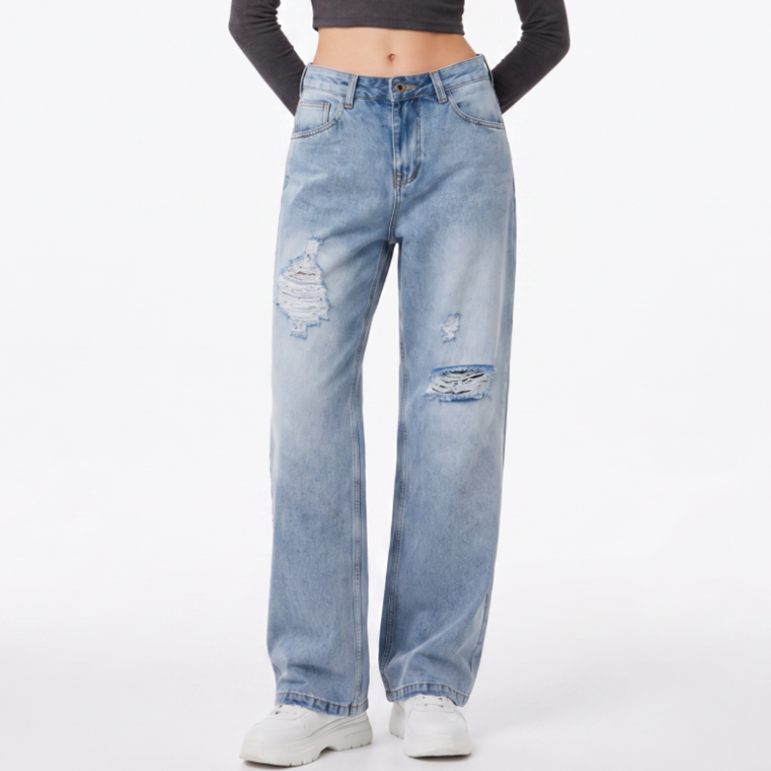 Women's High Waist Ripped Straight Leg Jeans