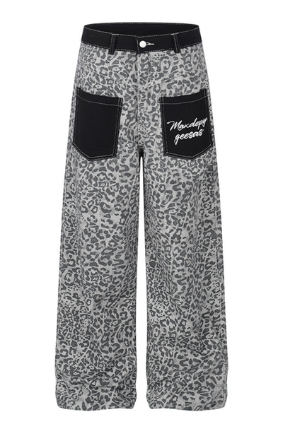 Unisex Spring Retro Colorblock Leopard Wide Straight Jeans
