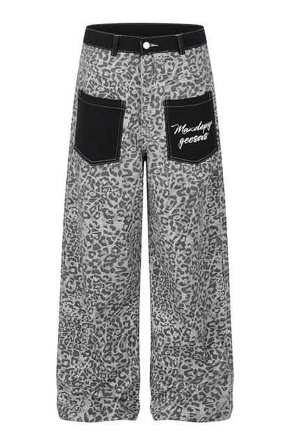 Unisex Spring Retro Colorblock Leopard Wide Straight Jeans