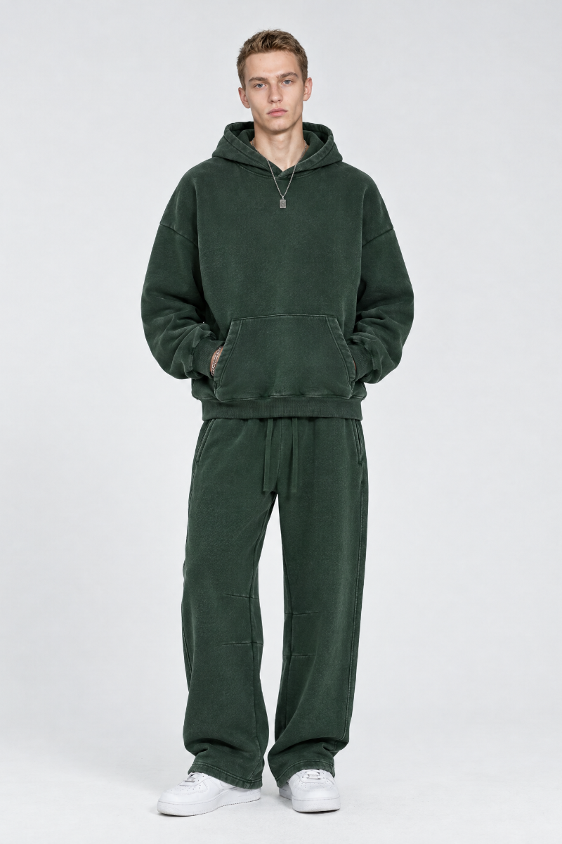 Men Fall Clothing Faded Fleece Hoodie & Wide-Leg Pants Set