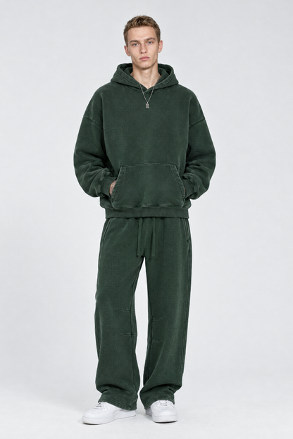 Men Fall Clothing Faded Fleece Hoodie & Wide-Leg Pants Set