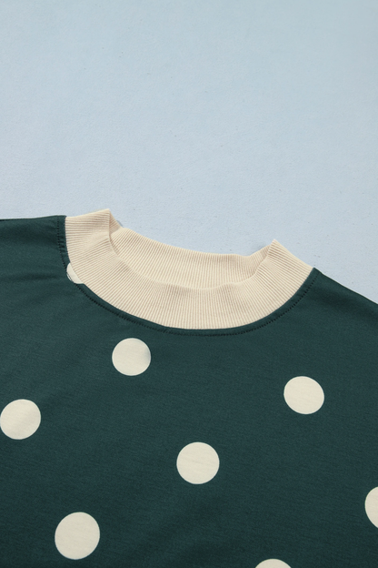 Women Spring Polka Dot Mock Neck Curved Hem Skirt Set