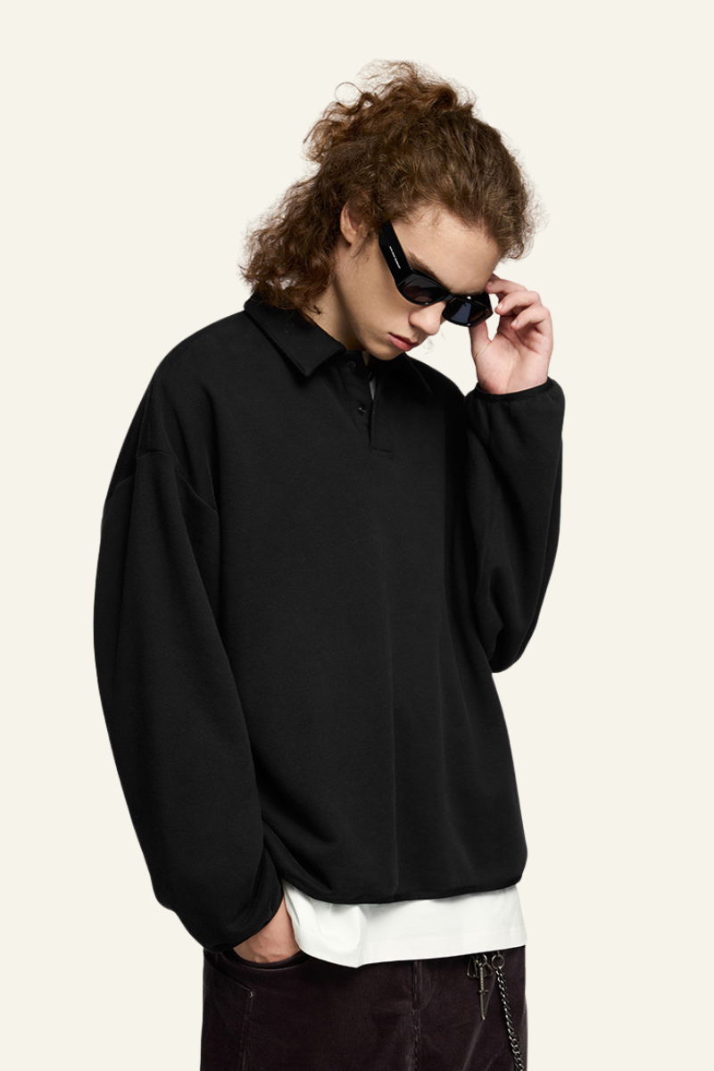 Men's Streetwear Polo Collar Drop Shoulders  Sweatshirt.